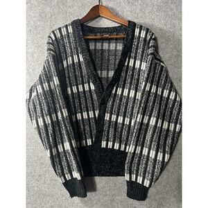Vintage Sears The Men's Store Black White 80s Korea Knit Cardigan Sweater Prep